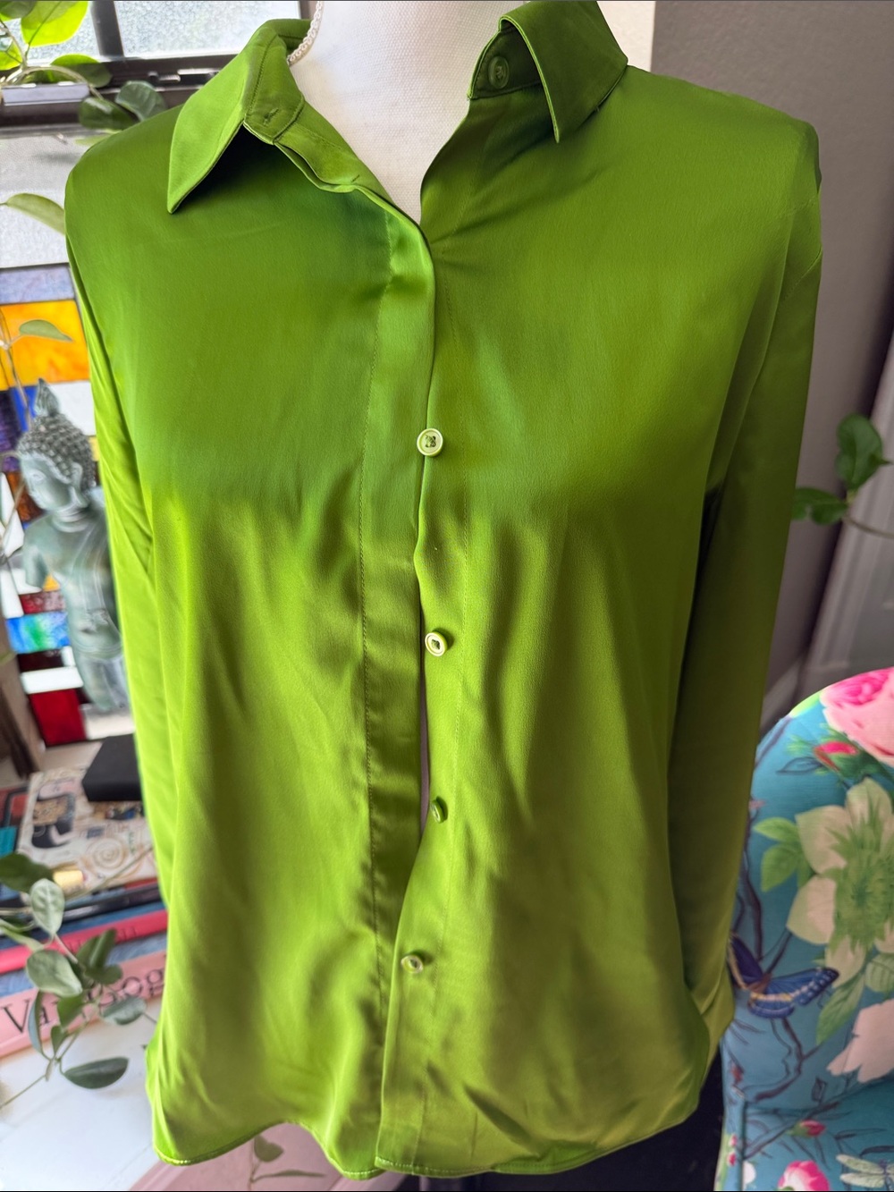 a new day Bright Lime Green Satin Button-Down Blouse